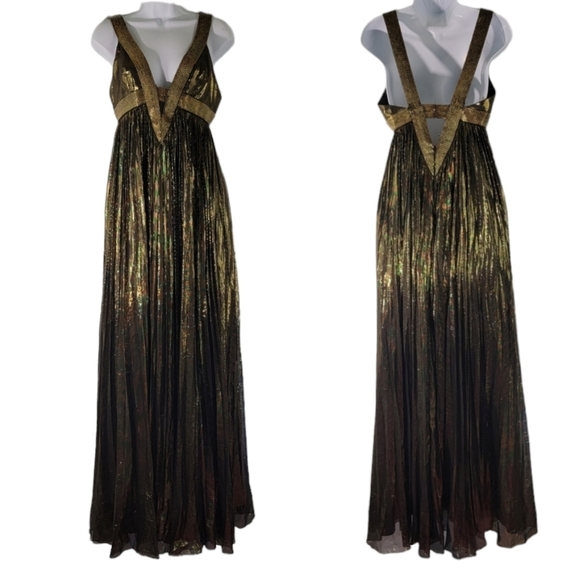 Jovani Women's Prom/Party Silk Dress Sz 2 Gold Metallic Plunging Neck Beaded - Picture 1 of 12